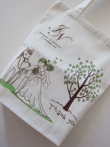 ถุงผ้าดิบ กระเป๋าผ้าดิบ ลดโลกร้อน ของชำร่วยงานแต่ง ผ้าดิบลายสอง ผ้าแคนวาส สกรีนลาย จาก baginlove.com